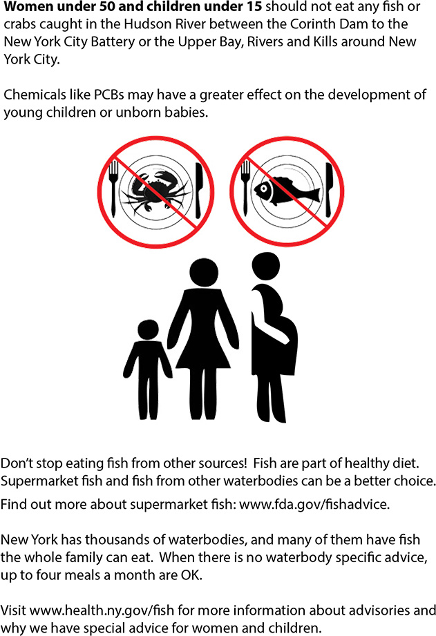 Women under 50 and children under 15 should not eat any fish or crabs caught in the Hudson River between the Corinth Dam to the New York City Battery or the Upper Bay, Rivers and Kills around New York City. Chemicals like PCBs may have a greater effect on the development of young children or unborn babies.