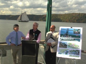 Paul Gallay, executive director of Riverkeeper, Ned Sullivan, president of Scenic Hudson, and Jeff Rumpf, executive director of Clearwater outline an environmental action agenda for the Hudson Valley at an October 14th press conference at Yonkers Recreation Pier