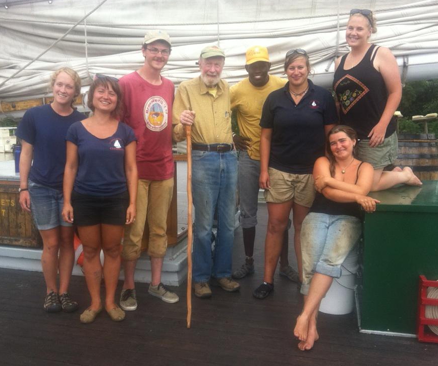 L-R: Caitlin(Deck Hand), Amanda (Cook), Robert (Apprentice), Pete, Adam (Education Intern), Emily (2nd Mate), Jacinta (Onboard Educator) and Aleythea (First Mate) in front.