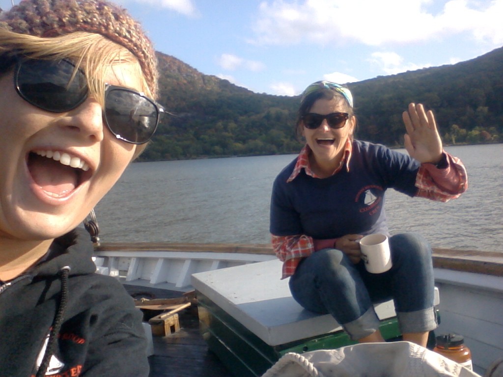 Kim, onboard apprentice (waving at the camera), and I near the end of the sailing season.