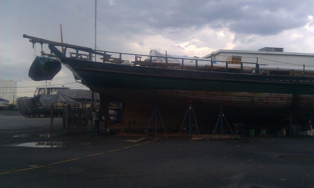 The sloop undergoing maintenance in Albany last spring.