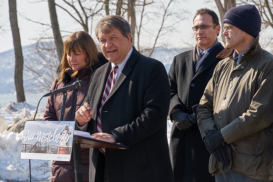 Westchester County, NY officials and Clearwater representatives speak at a press conference 3/7/19 to announce collaboration on the Great Hudson River Revival music festival.